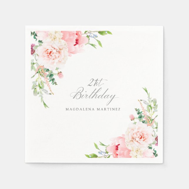 21st Birthday Party Pink Floral Custom Cocktail Napkin (Front)