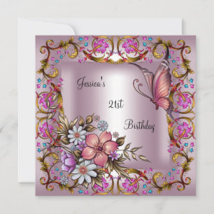 21st Birthday Party Pink Floral White Butterfly Invitation