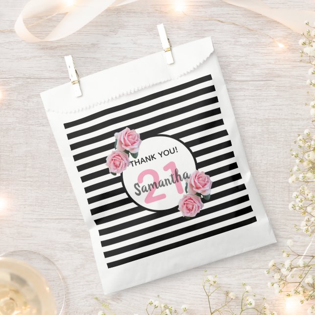 21st birthday party pink flowers black stripes favour bags (Clipped)