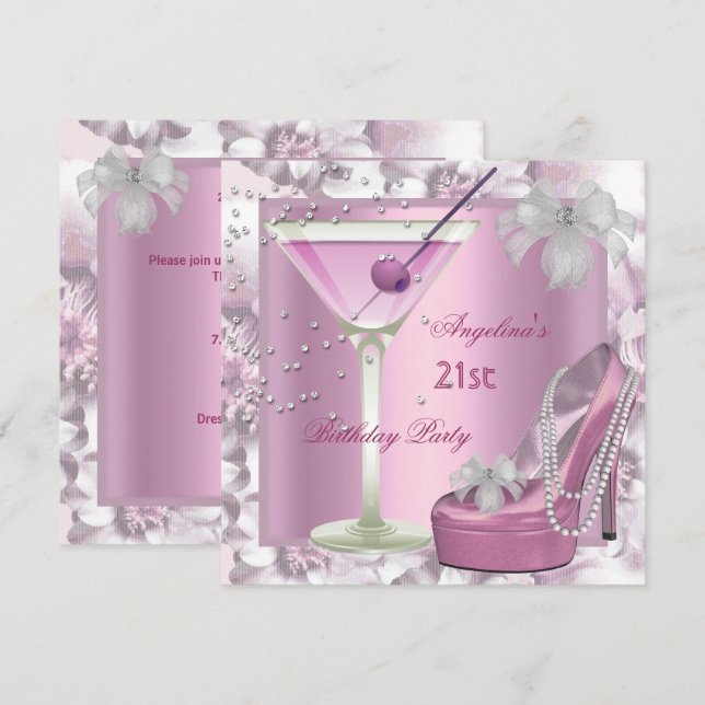 21st Birthday Party Pink Martini High Heel Floral Invitation (Front/Back)