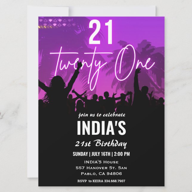 21st Birthday Party Pink Neon Invitation (Front)
