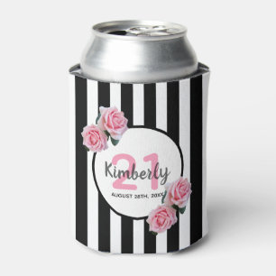 21st birthday party pink roses black white stripes can cooler