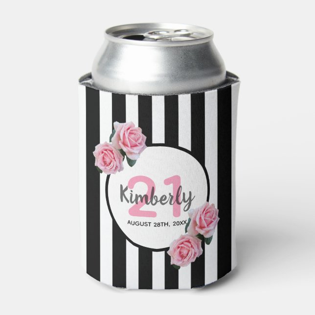 21st birthday party pink roses black white stripes can cooler (Can Front)