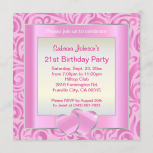 21st Birthday Party   Pink, Silver & White Verder Invitation
