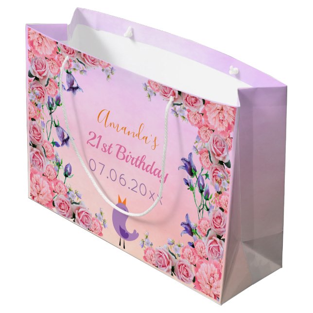 21st birthday party pink violet floral cute bird large gift bag (Back Angled)