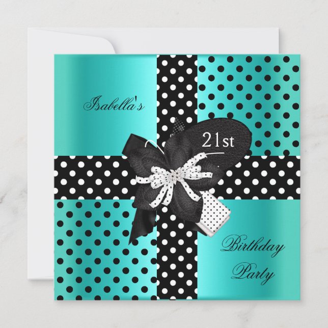 21st Birthday Party Polka Dot Teal Black White Invitation (Front)