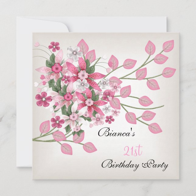 21st Birthday Party Pretty Pink Floral Invitation (Front)