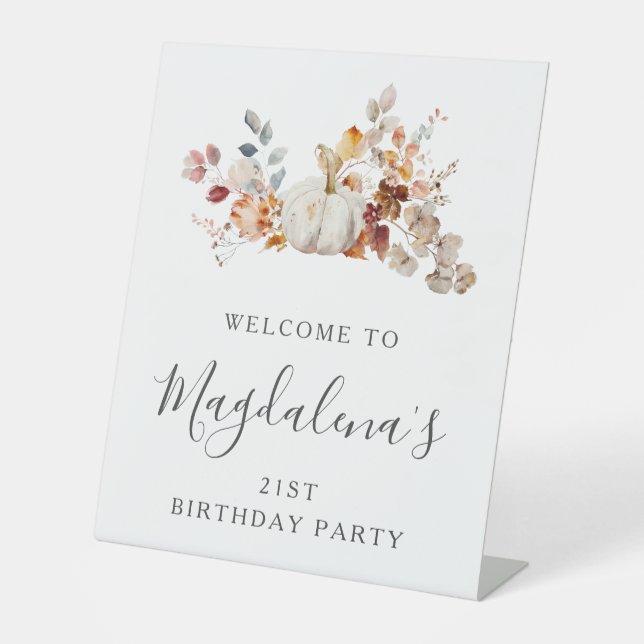 21st Birthday Party Pumpkin Fall Flower Welcome Pedestal Sign (Front)