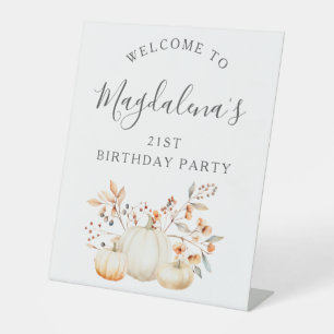 21st Birthday Party Pumpkin Fall Leaves Welcome Pedestal Sign