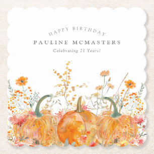 21st Birthday Party Pumpkin Wildflower Custom Paper Coaster