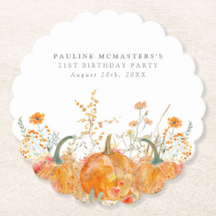 21st Birthday Party Pumpkin Wildflower Custom Paper Coaster