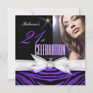 21st Birthday Party Purple 21 Zebra Photo 2 Invitation