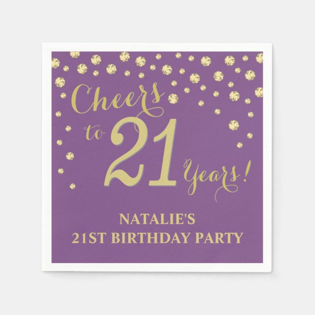 21st Birthday Party Purple and Gold Diamond Napkin (Front)