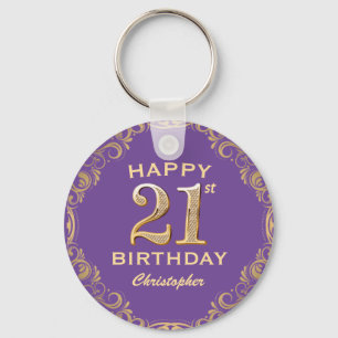 21st Birthday Party Purple and Gold Glitter Frame Key Ring