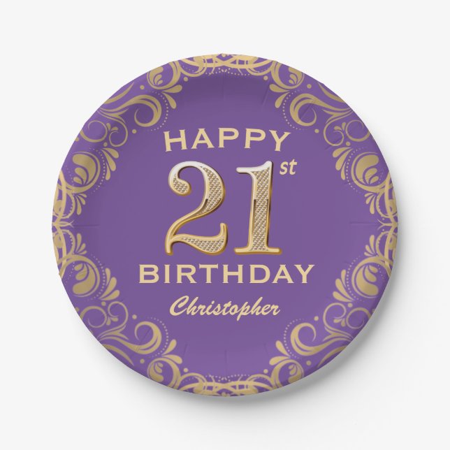 21st Birthday Party Purple and Gold Glitter Frame Paper Plate (Front)