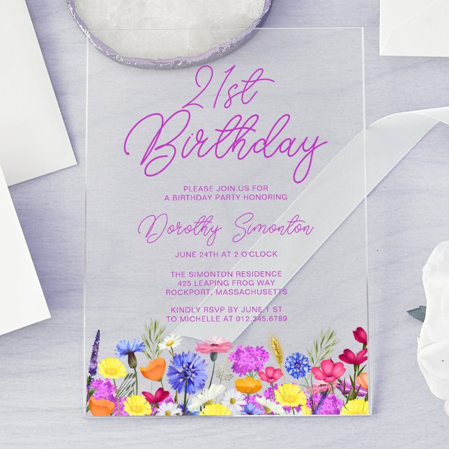 21st Birthday Party Purple Boho Wildflower Acrylic Invitations (Creator Uploaded)