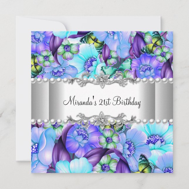 21st Birthday Party Purple Floral White Pearl Invitation (Front)