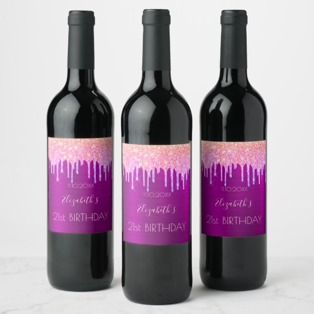 21st birthday party purple glitter pink wine label (Bottles)