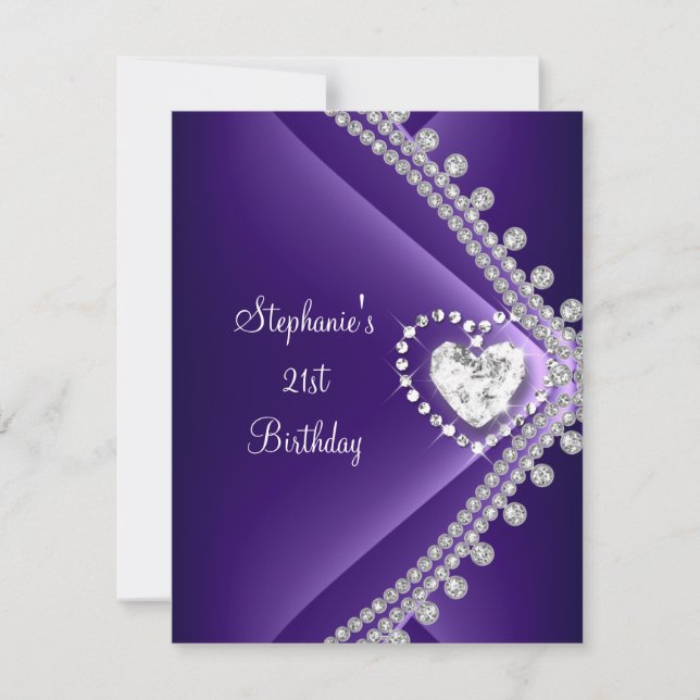 21st Birthday Party Purple Heart Diamond Jewel Invitation (Front)