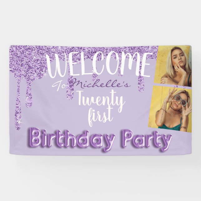 21st Birthday Party Purple Photo Glitter Drips Banner (Horizontal)