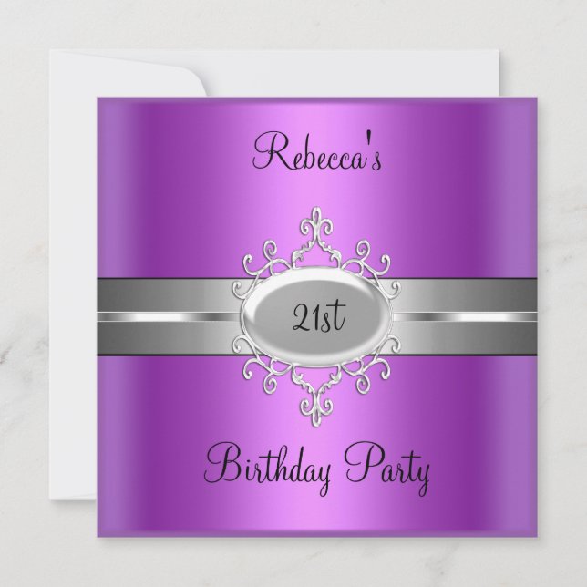 21st Birthday Party Purple Pink Silver Invitation (Front)