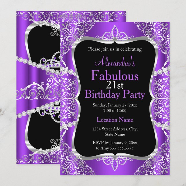 21st Birthday Party Purple Silver Black Invitation (Front/Back)