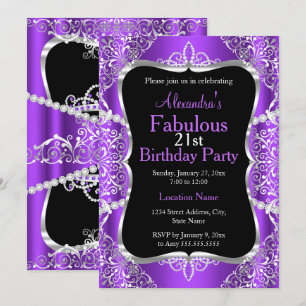 21st Birthday Party Purple Silver Black Invitation