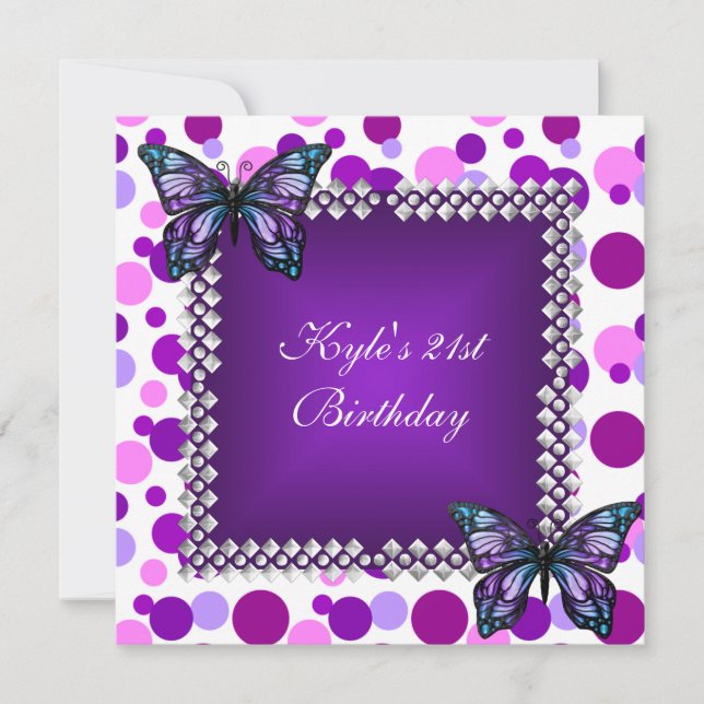 21st Birthday Party Purple Spot Butterflies Silver Invitation (Front)