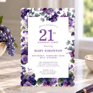 21st Birthday Party Purple Violet Flower Invitation