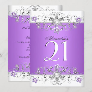 21st Birthday Party Purple White Diamond Invitation