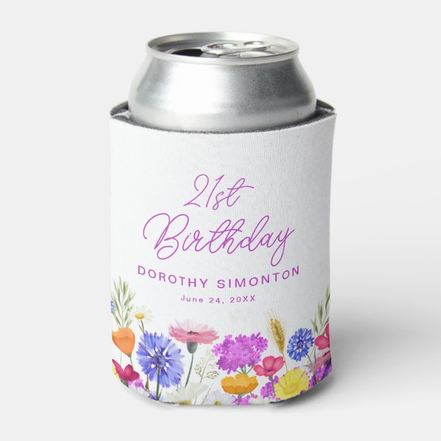 21st Birthday Party Purple Wildflower Custom Can Cooler (Can Front)