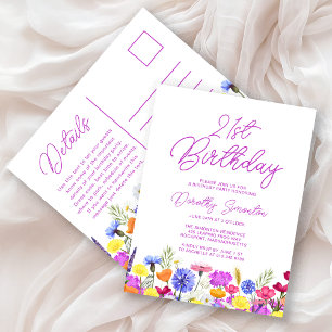 21st Birthday Party Purple Wildflowers Affordable Invitation Postcard