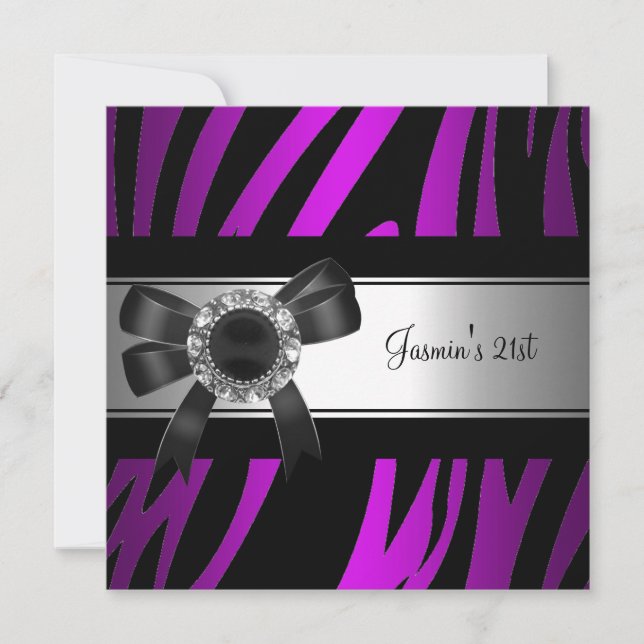 21st Birthday Party Purple Zebra Black Jewel Invitation (Front)