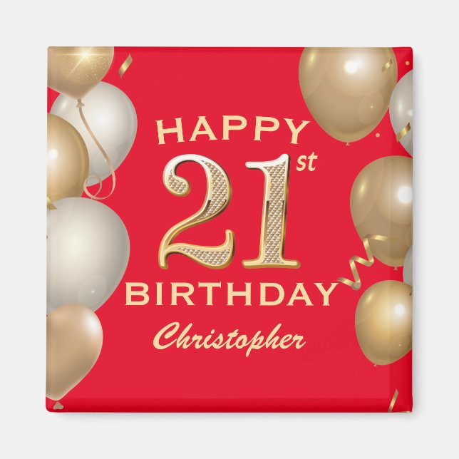 21st Birthday Party Red and Gold Balloons Magnet (Front)