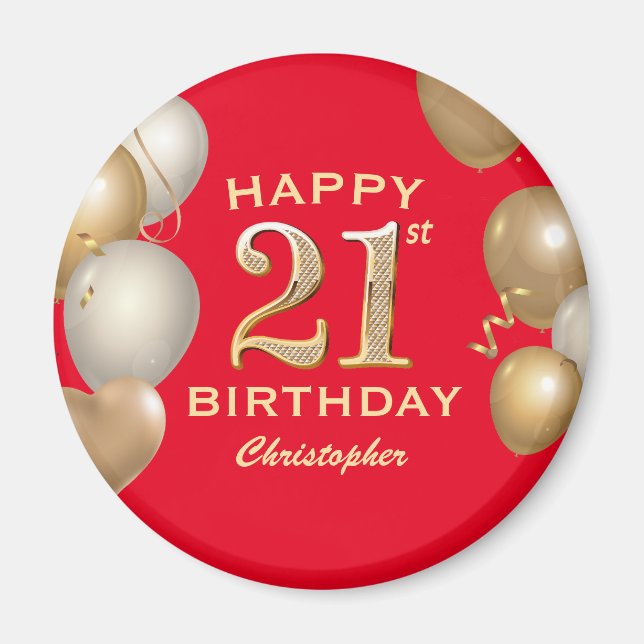 21st Birthday Party Red and Gold Balloons Magnet (Front)