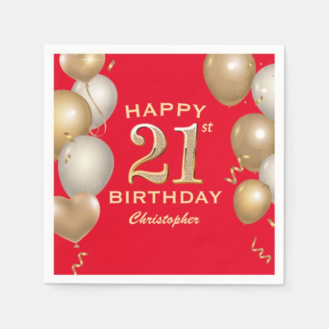 21st Birthday Party Red and Gold Balloons Napkin (Front)