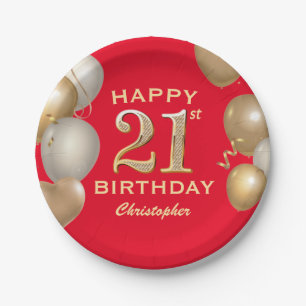 21st Birthday Party Red and Gold Balloons Paper Plate