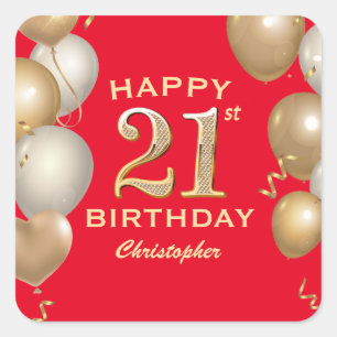 21st Birthday Party Red and Gold Balloons Square Sticker
