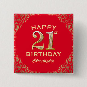 21st Birthday Party Red and Gold Glitter Frame 15 Cm Square Badge