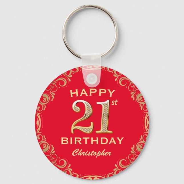 21st Birthday Party Red and Gold Glitter Frame Key Ring (Front)
