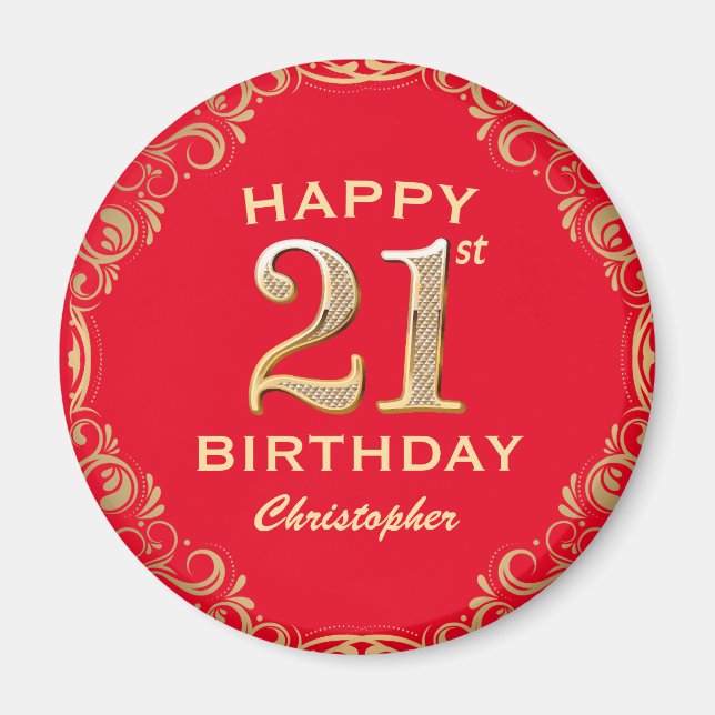 21st Birthday Party Red and Gold Glitter Frame Magnet (Front)