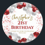 21st Birthday Party Red Balloons Thank You Classic Round Sticker<br><div class="desc">A gorgeous 21st birthday party or celebration favour sticker. This fabulous red and silver balloons design is the perfect  way to decorate your favour bags for an 21st celebration or twenty-first birthday party.</div>
