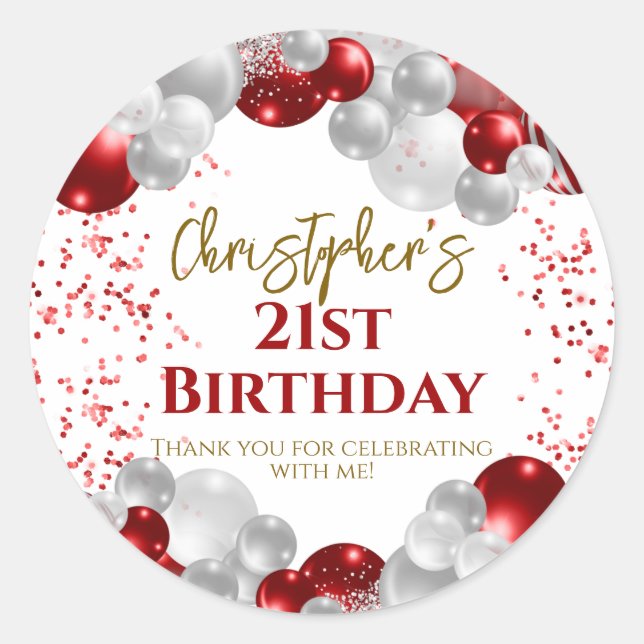 21st Birthday Party Red Balloons Thank You Classic Round Sticker (Front)