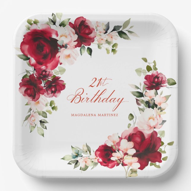 21st Birthday Party Red Pink Floral Custom Paper Plate (Front)