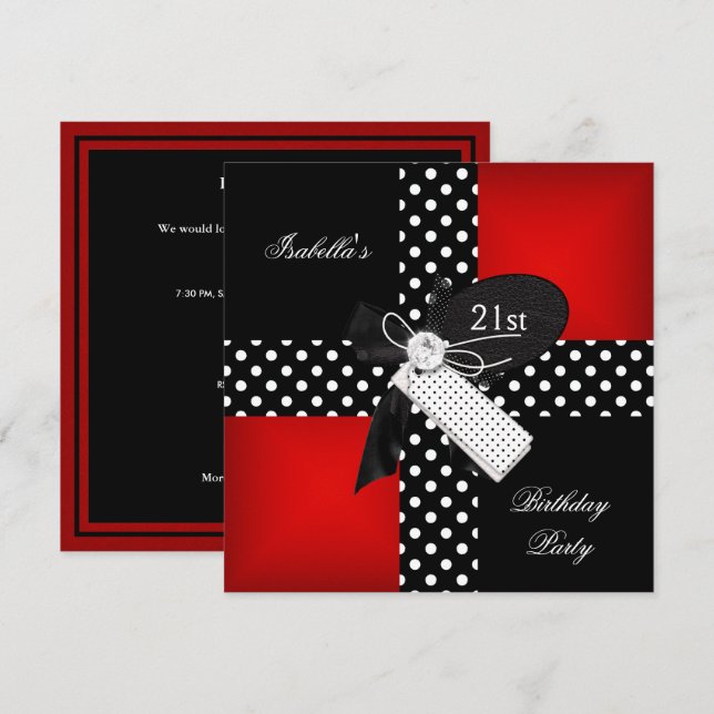 21st Birthday Party Red Polka Dot Black White Invitation (Front/Back)