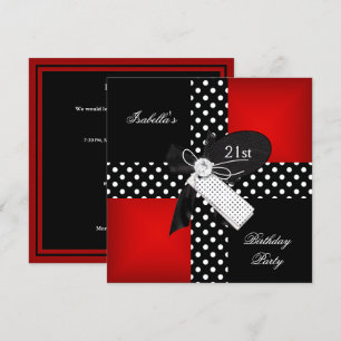21st Birthday Party Red Polka Dot Black White Invitation