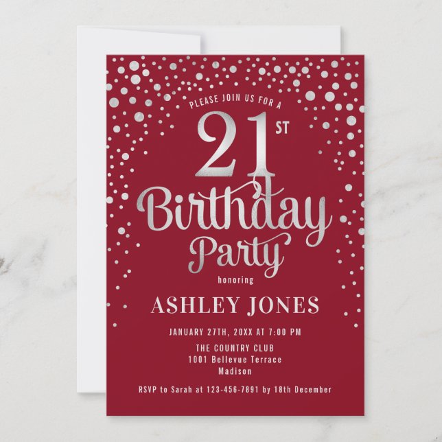 21st Birthday Party - Red & Silver Invitation (Front)