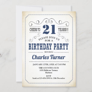 21st Birthday Party - Retro Creamy White and Navy Invitation