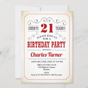 21st Birthday Party - Retro Creamy White and Red Invitation