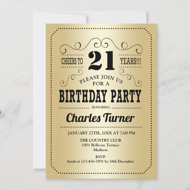 21st Birthday Party - Retro Gold Black Invitation (Front)